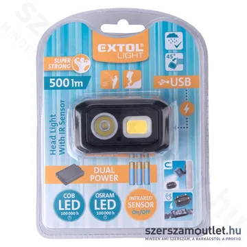 EXTOL COB LED-es fejlámpa, akkumulátoros/elemes, 500 Lumen