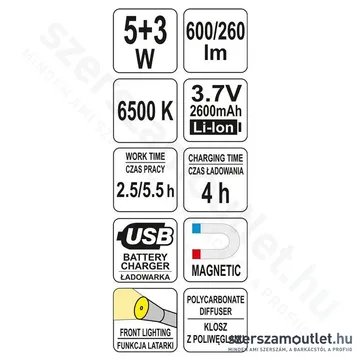 YATO COB Akkus led munkalámpa 5W+3W/600lm (YT-08518)