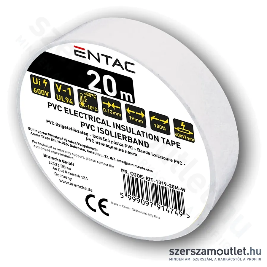 ENTAC Szigetelőszalag 0,13x19mm/20m (Fehér) (EIT-1319-20M-W)