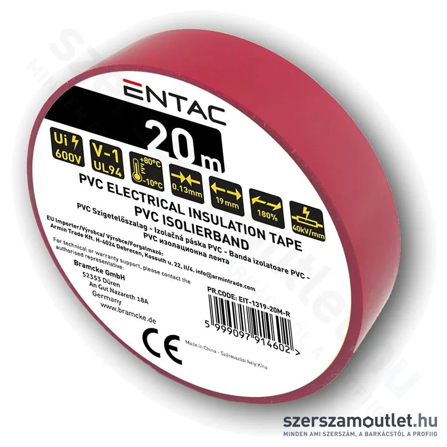 ENTAC Szigetelőszalag 0,13x19mm/20m (Piros) (EIT-1319-20M-R)