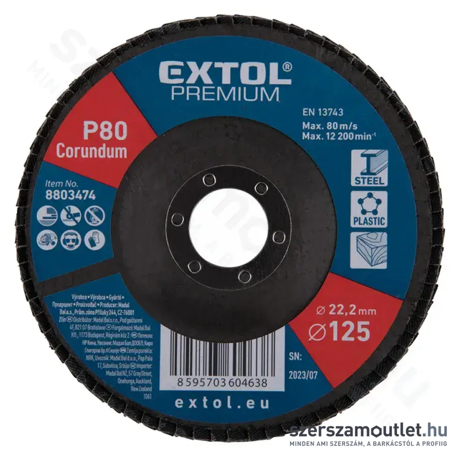 EXTOL Lamellás csiszolótárcsa P80, kúpos 125×22mm