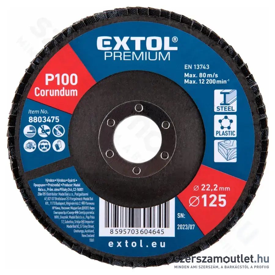 EXTOL Lamellás csiszolótárcsa kúpos, P100, 125×22,2mm (8803475)