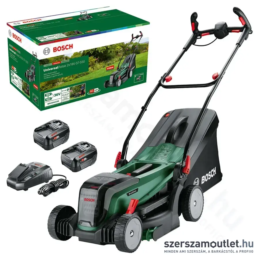BOSCH UniversalRotak 2x18V-37-550 Akkus szénkefementes fűnyíró 40l, 37cm, 18V(2x4,0Ah akku és töltő)