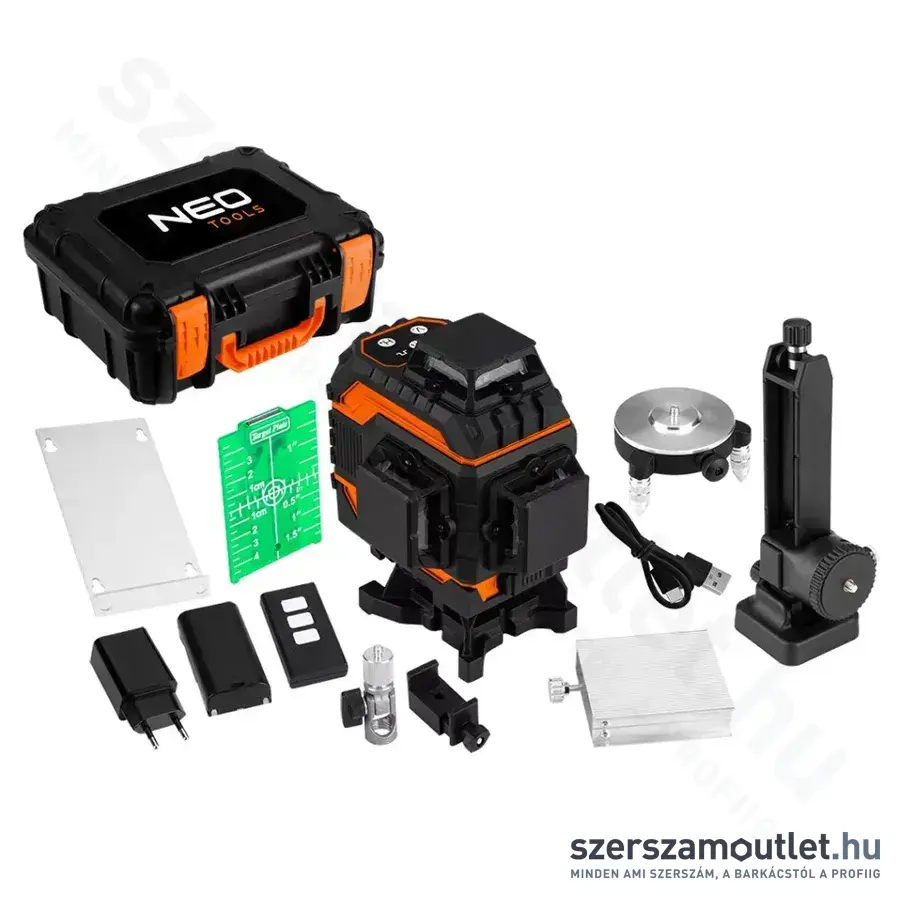 NEO TOOLS Lézeres színtező, zöld, önbeálló, 3x360°, 25m, 12vonal, IP43 (4,0Ah/3,7V)
