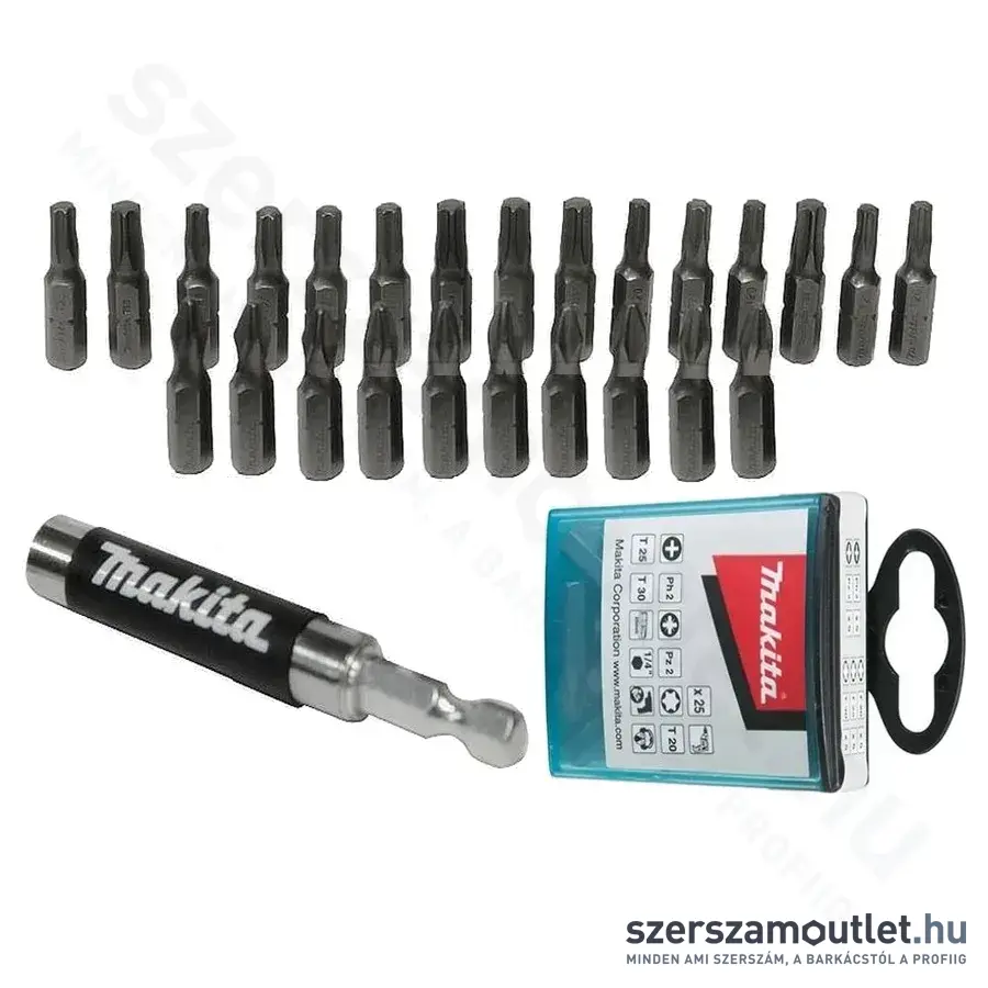 MAKITA Mágneses csavarbehajtó bitkészlet, 1/4", PH/PZ/TX, 26db-os + adapter 80 mm