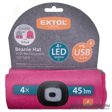 EXTOL Kötött sapka, kivehető LED homloklámpával 180lm (szürke/pink)