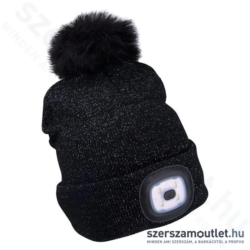 EXTOL Kötött sapka, kivehető LED homloklámpával, pomponnal 180lm (fekete)