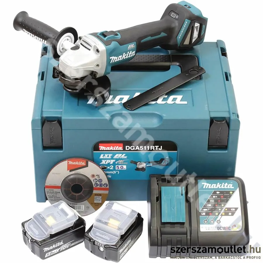 MAKITA DGA511RTJ Akkus szénkefementes fordulatszabályzós sarokcsiszoló 125mm (2x5,0Ah/18V)