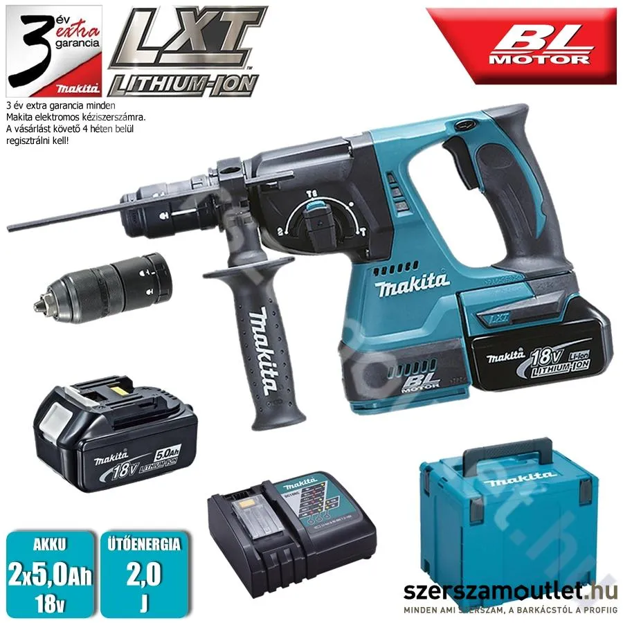 MAKITA DHR243RTJ Akkus fúró-vésőkalapács BL motoros MakPac kofferben (18V) (2x5,0A)