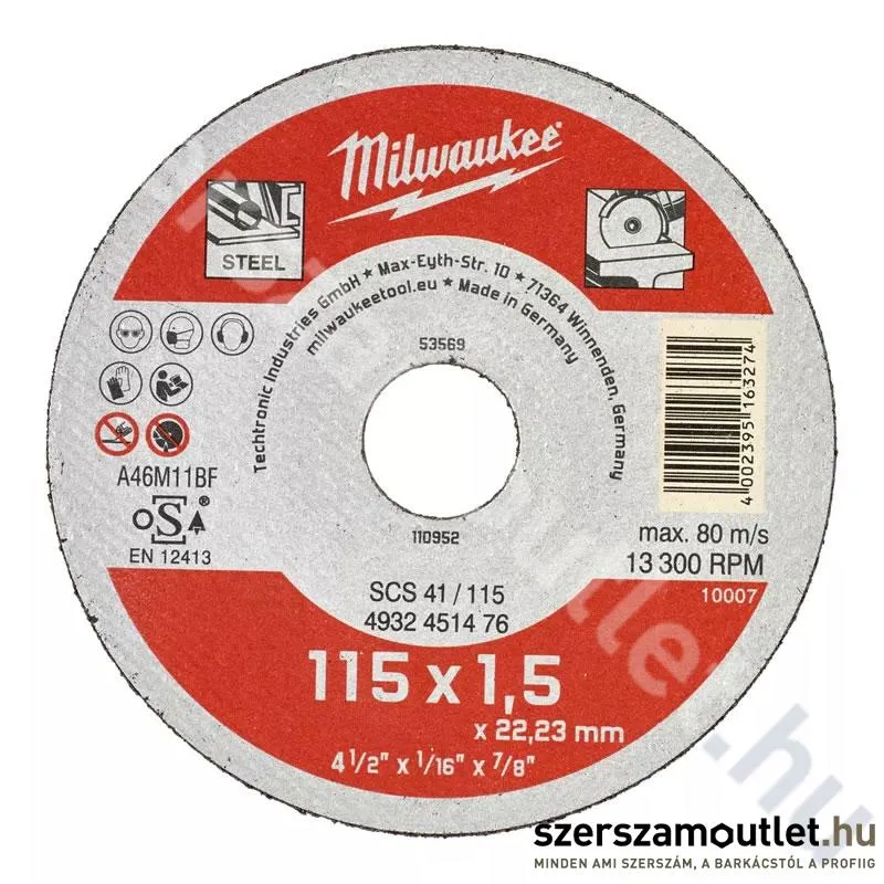 MILWAUKEE SCS41 Vágókorong (fémhez) 115x1,5mm (4932451476)