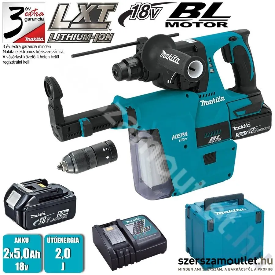 MAKITA DHR243RTJW Akkus fúró-vésőkalapács MAKPAC kofferben + DX02 Porelszívó egység (2x5,0Ah/18V)